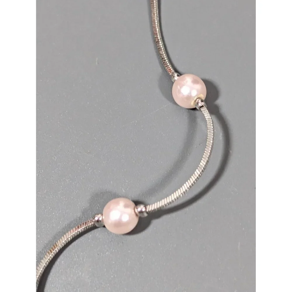 Silver Tone Faux Pearl Station Chain‎ Necklace Elegant Bridal Classic 19